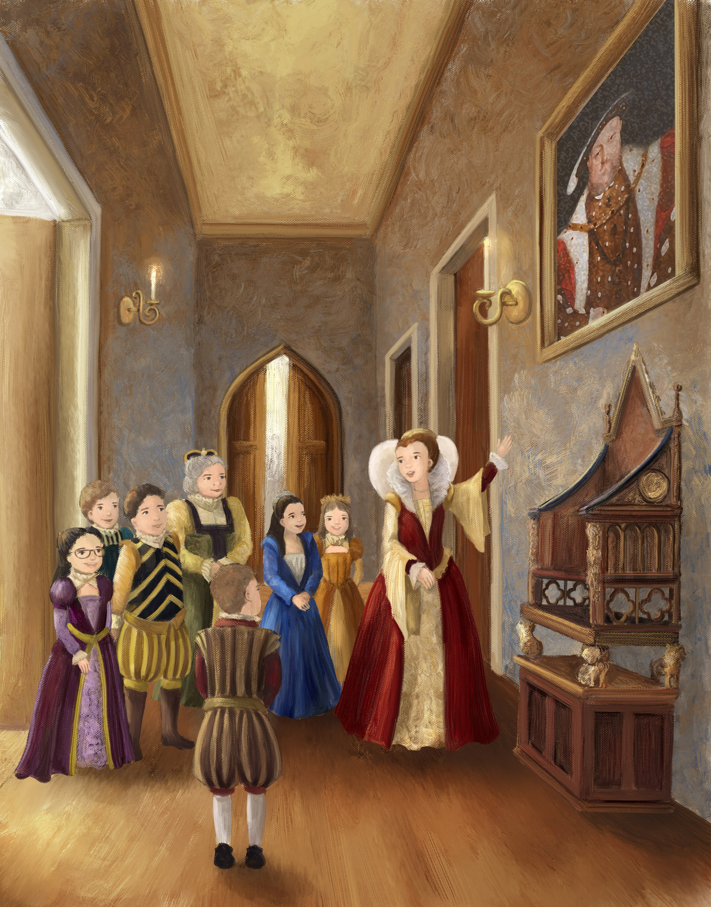 Illustration of Queen Elizabeth I welcoming the Young World Travelers down a palace hallway, from 'A Globe Within a Globe'.
